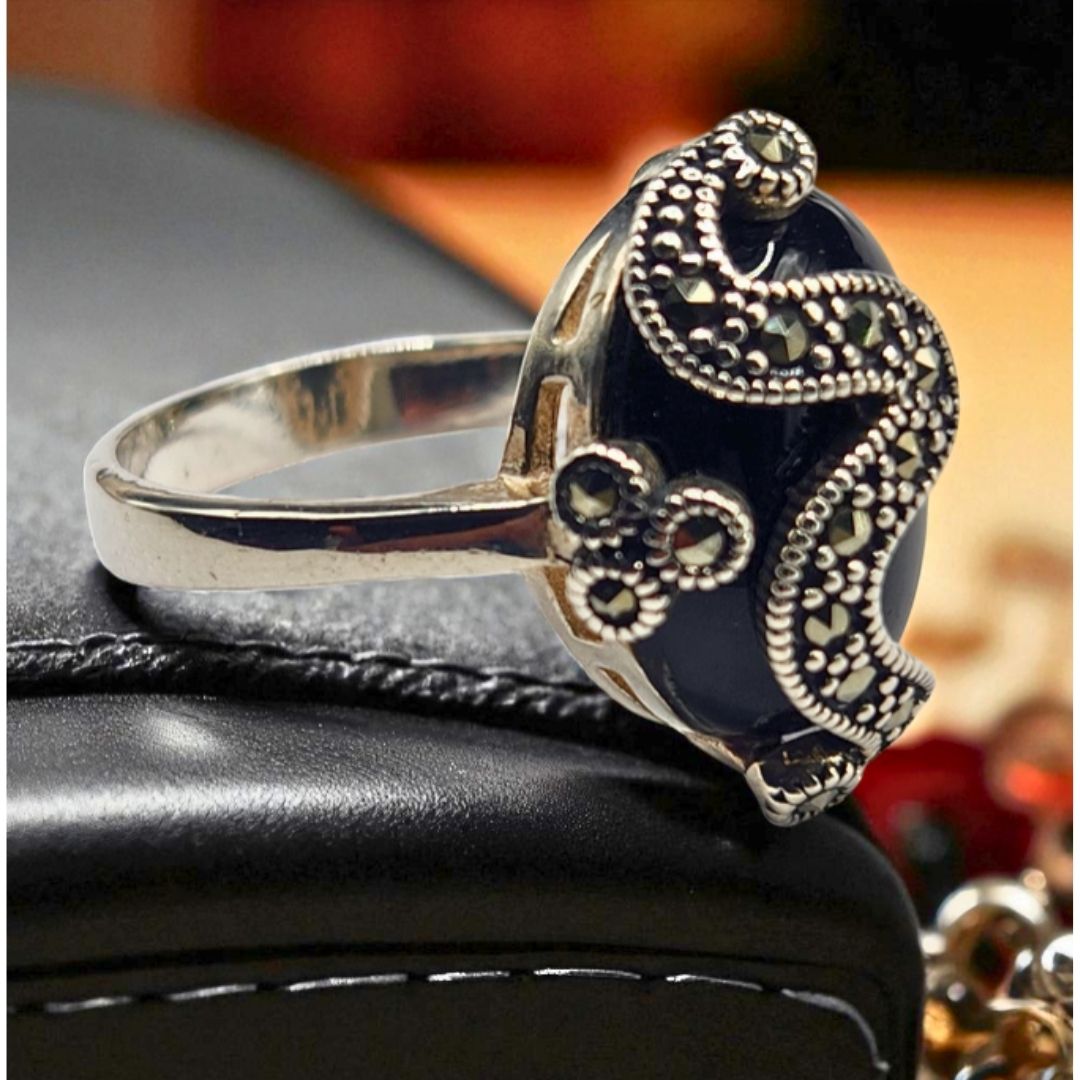 Bague femme argent 925 onyx & marcassites – Élégance intemporelle