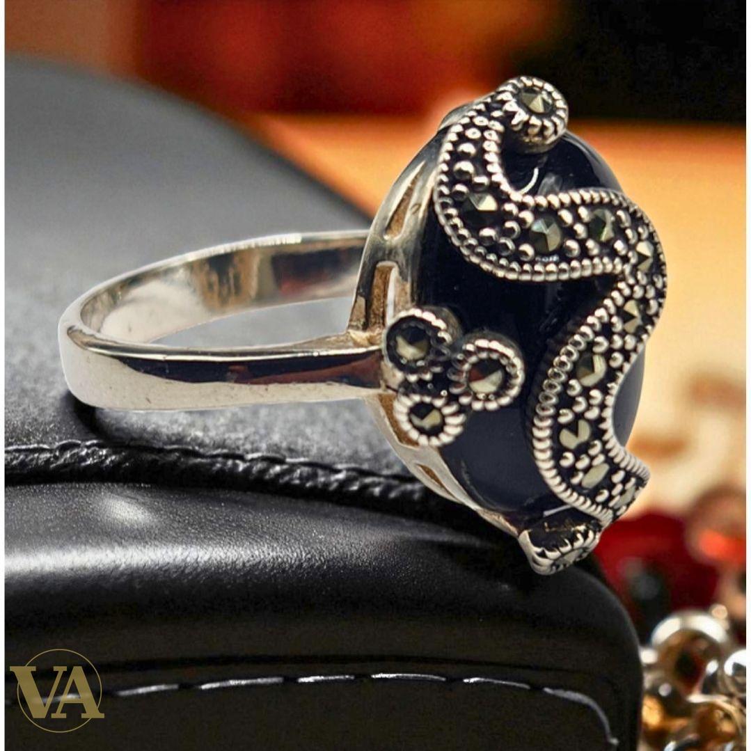 Bague femme argent 925 onyx & marcassites – Élégance intemporelle