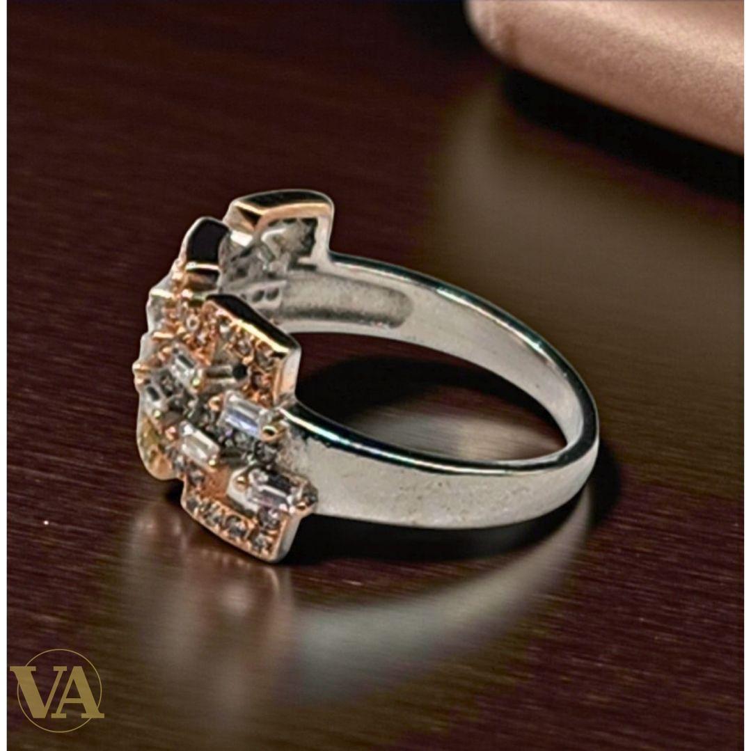 Bague femme argent 925 plaqué or rose – Zirconiums blancs et multicolores – Design géométrique chic