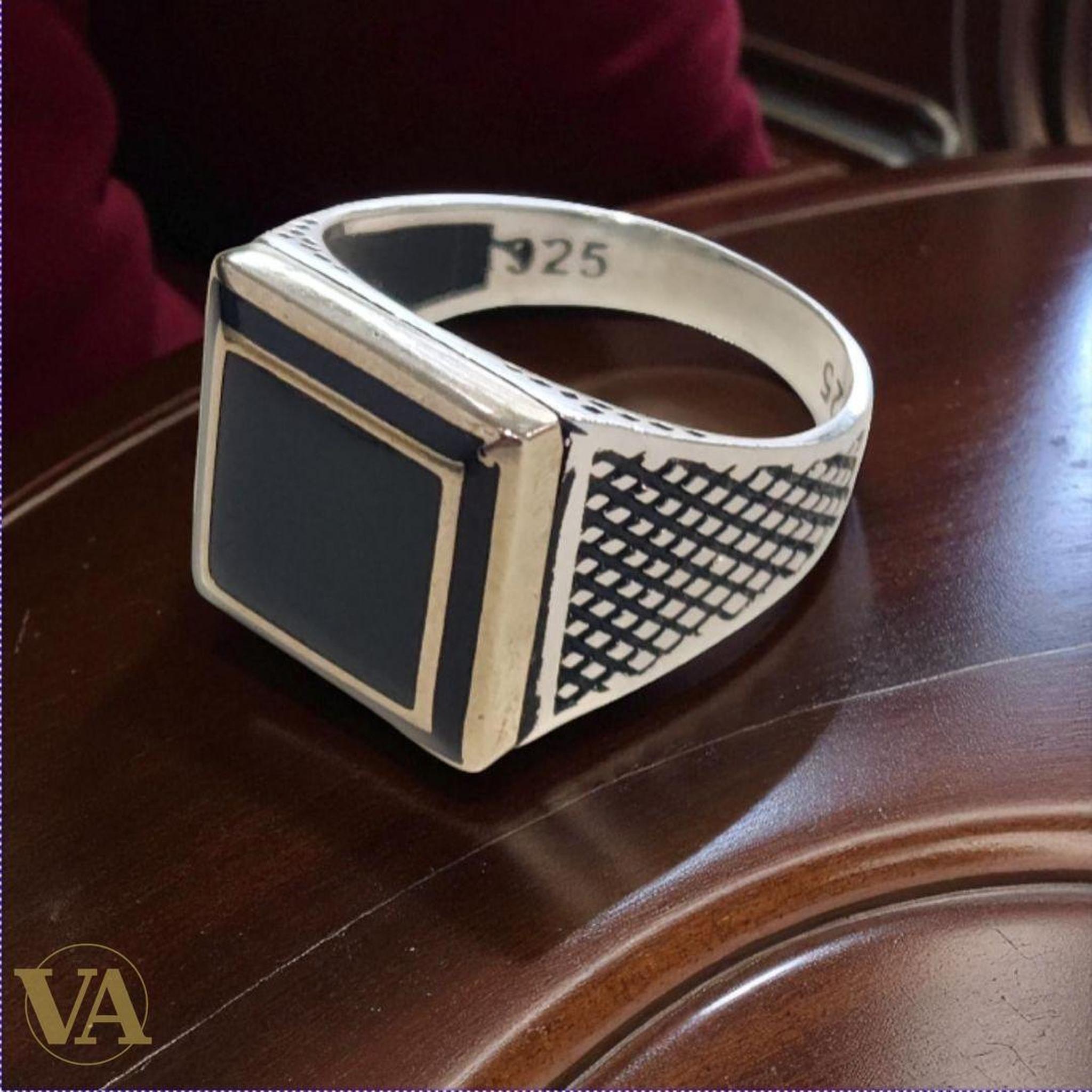 Bague Homme Argent 925 & Onyx noir carré - Argent 925 - Vindicta