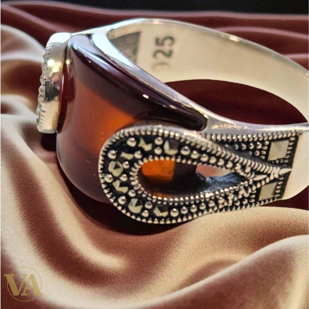 Bague Argent 925 Agate Orange & Marcassites