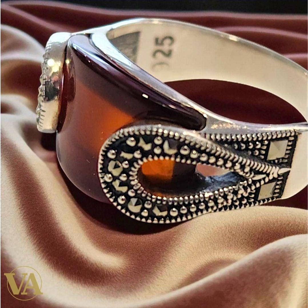 Bague Argent 925 Agate Orange & Marcassites