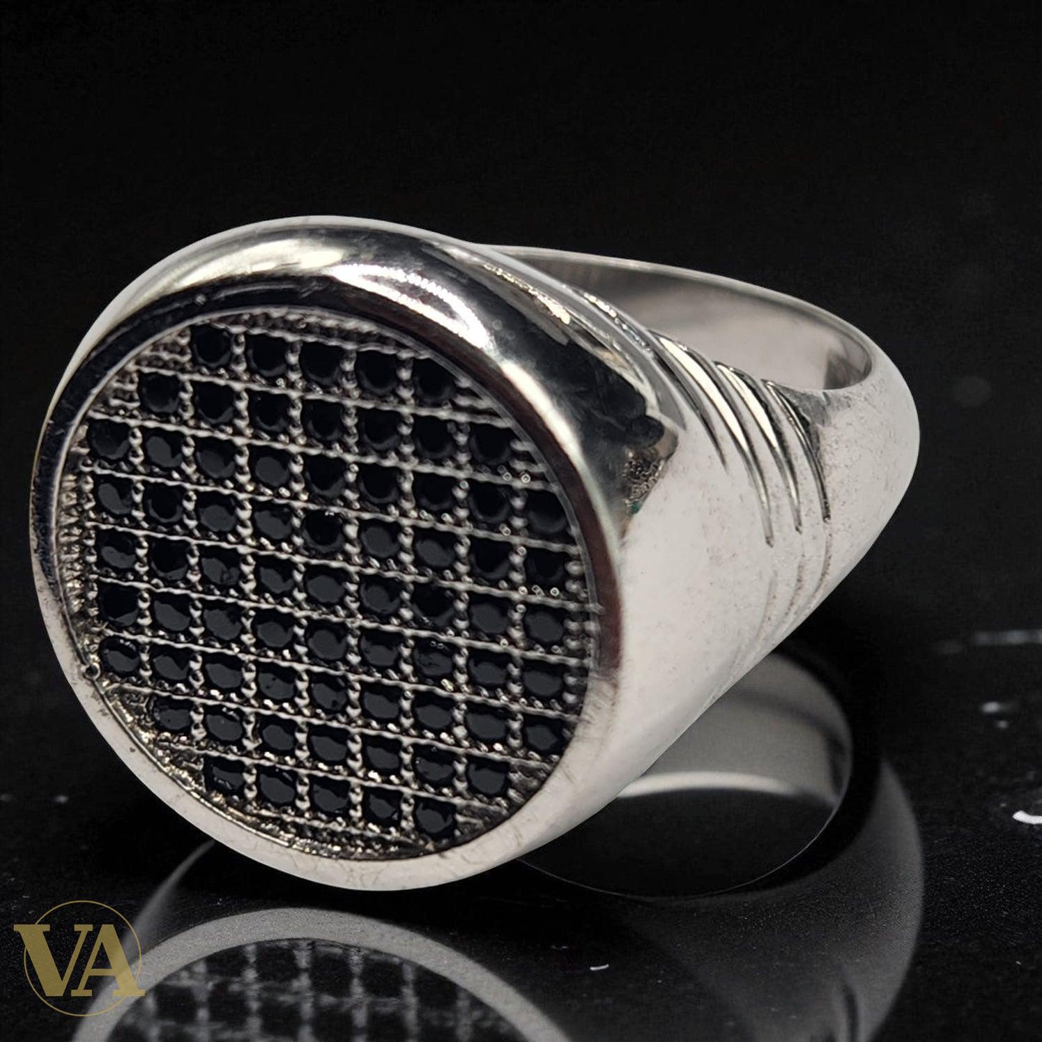 Bague homme argent 925 pavée pierres noires