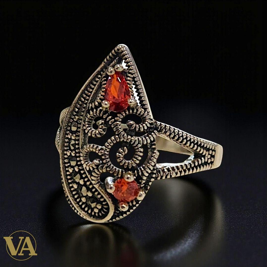 Bague femme argent 925 marcassites – Pierres rouges grenat style oriental – Élégance vintage
