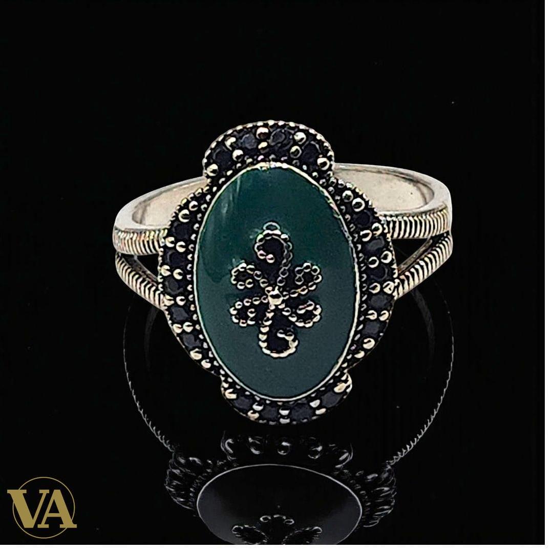 Bague femme argent 925 aventurine verte et marcassites