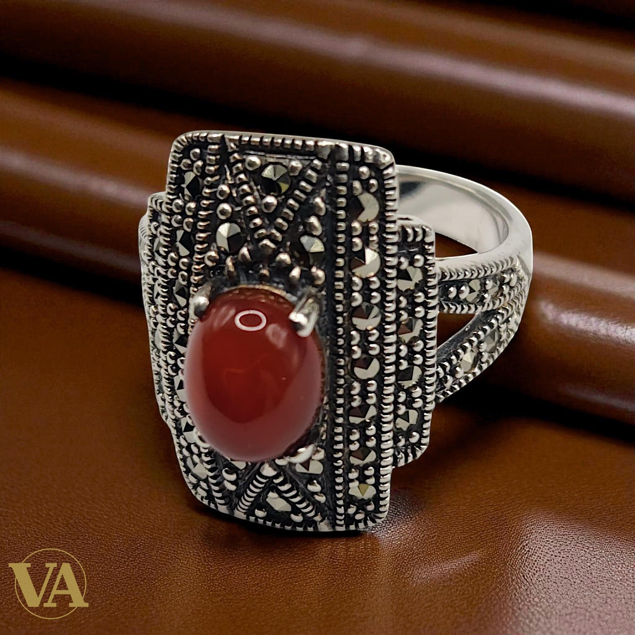 Bague argent 925 cornaline et marcassites