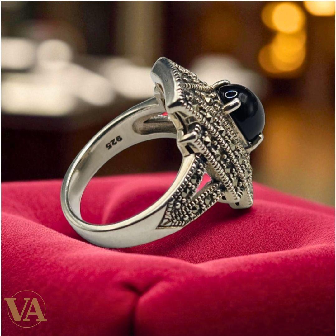 Bague Art Déco argent 925 – Marcassites & Onyx