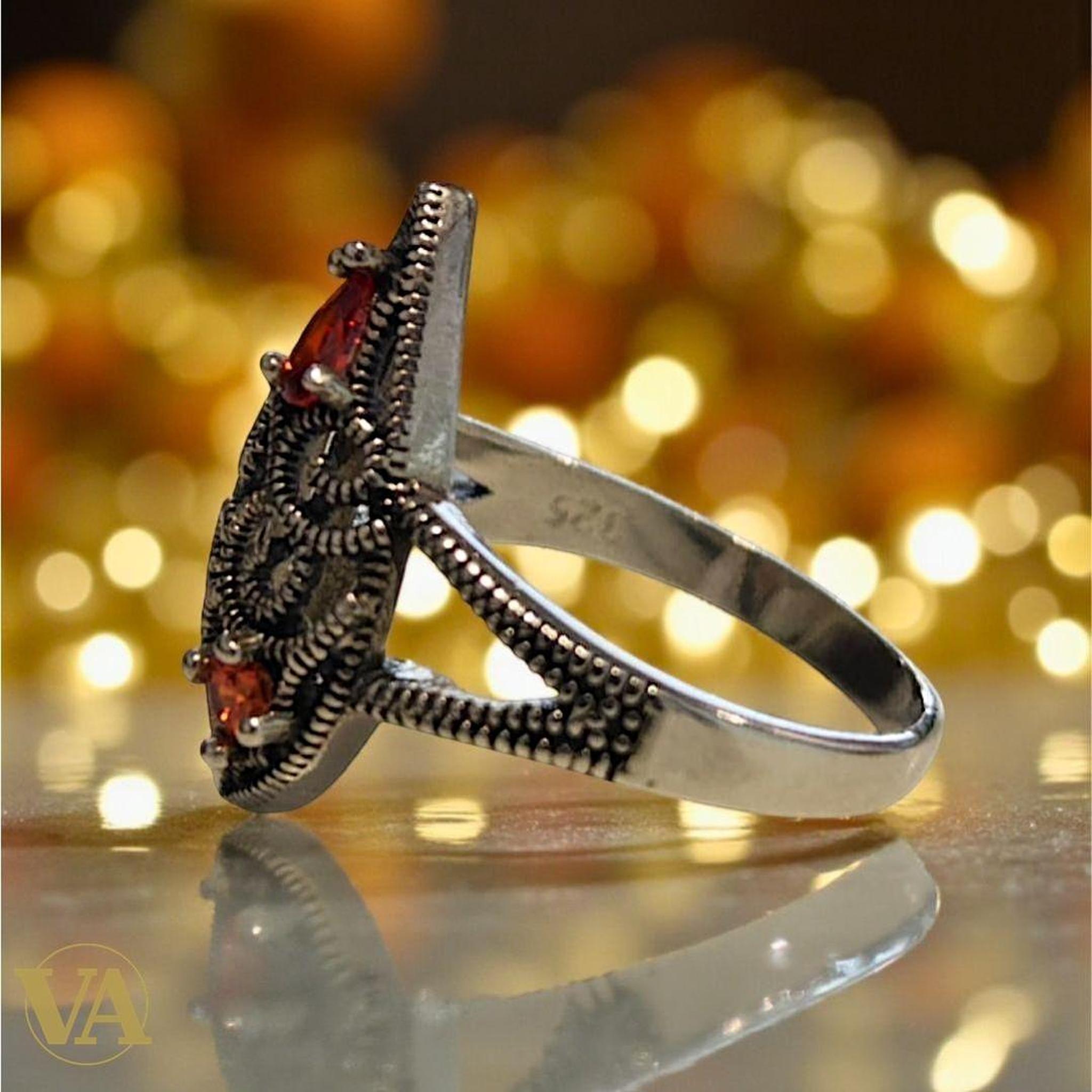 Bague femme argent 925 marcassites – Pierres rouges grenat style oriental – Élégance vintage - Argent 925 - Vindicta