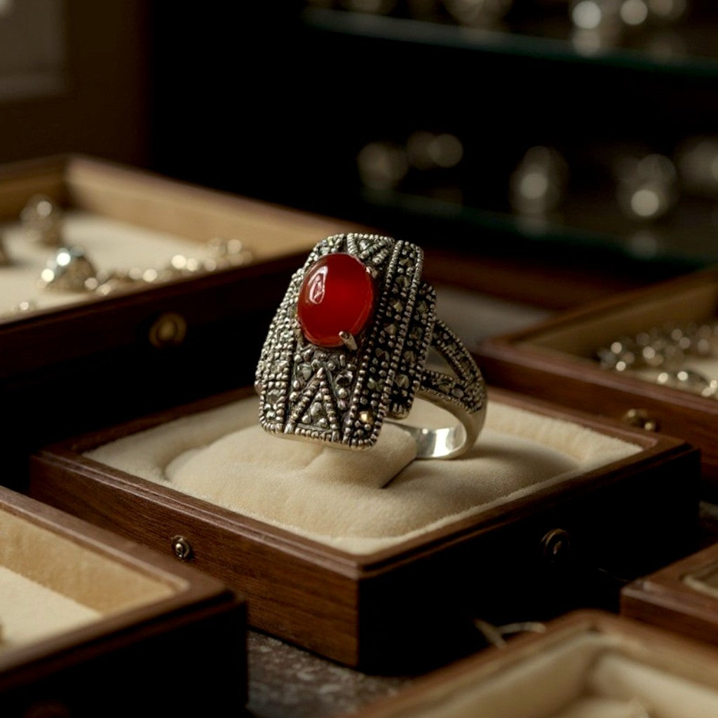 Bague argent 925 cornaline et marcassites