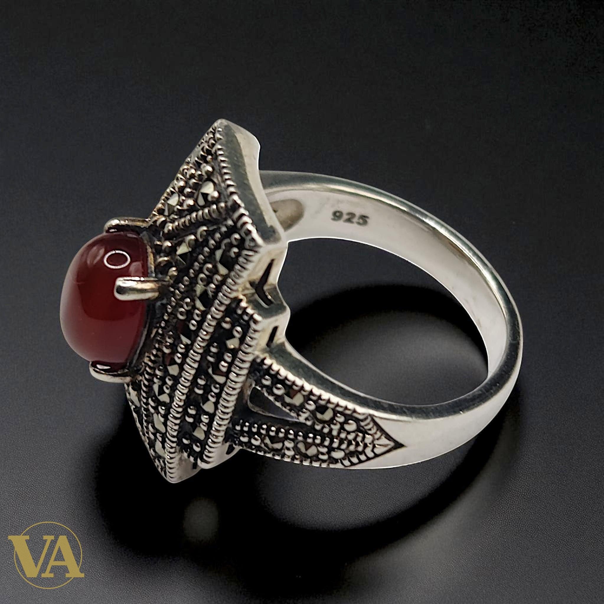 Bague argent 925 cornaline et marcassites