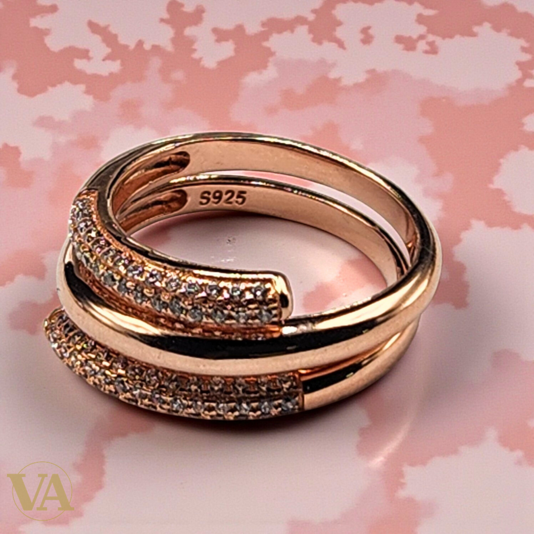 Bague femme argent 925 or rose zircons croisés