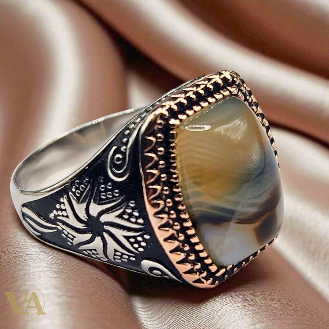 Bague homme argent 925 agate miel