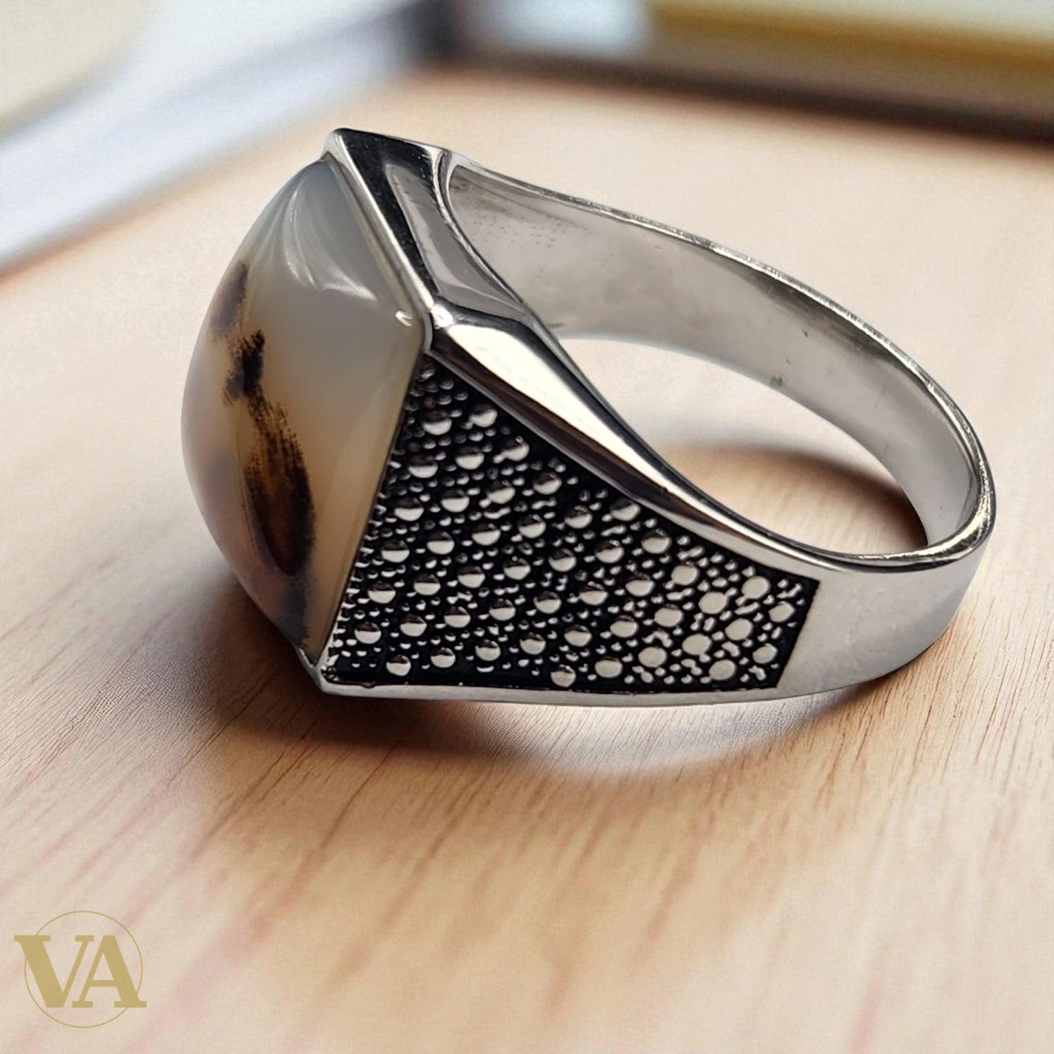 Bague Homme en Argent 925 avec Agate Dendritique