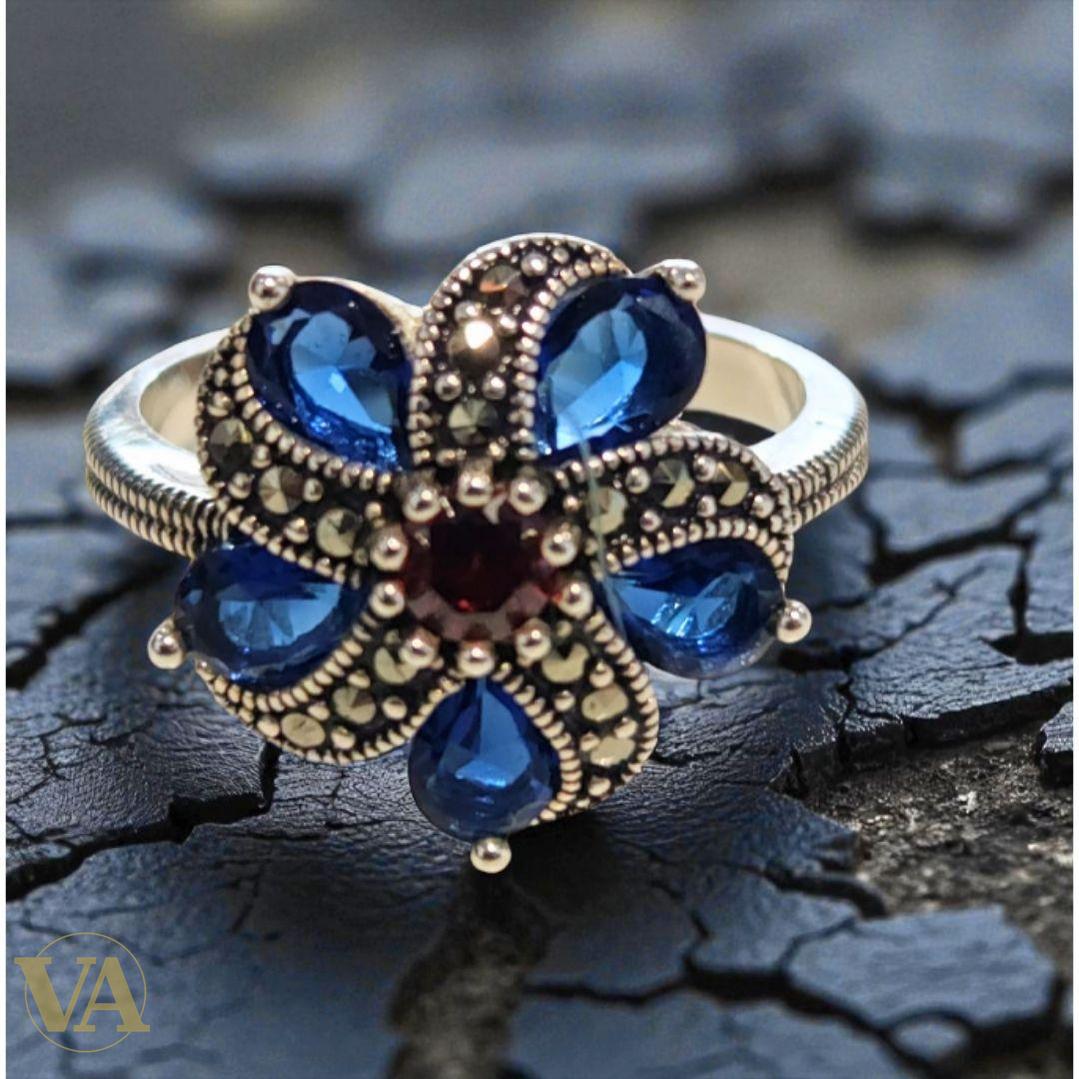 Bague Argent 925 Fleur Bleue & Marcassites