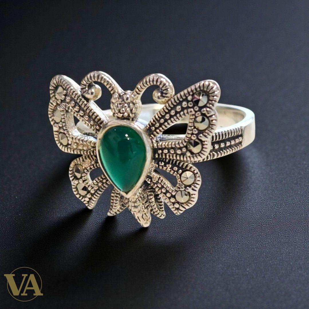 Bague femme argent 925 papillon – Agate verte et marcassites – Élégance vintage