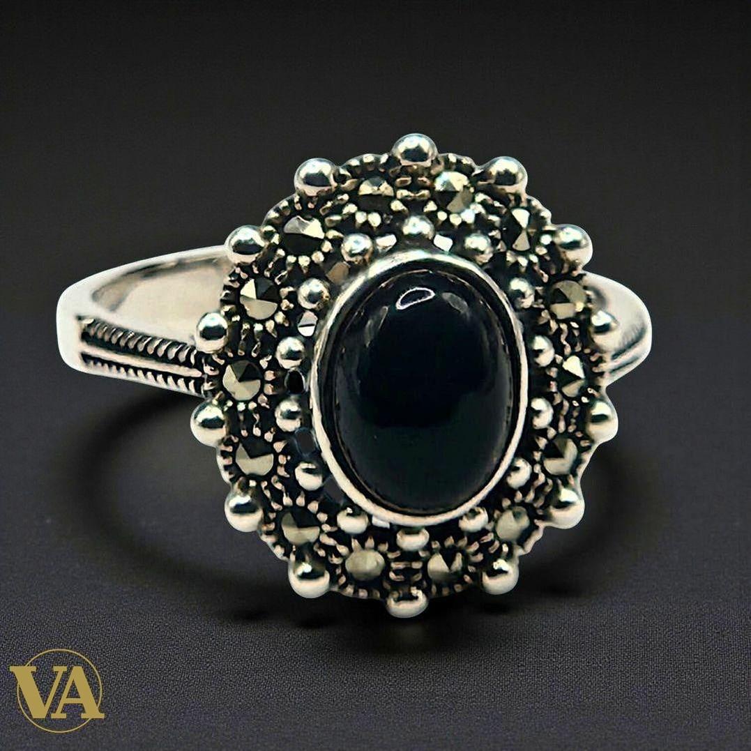 Bague femme argent 925 – Onyx noir cabochon ovale et marcassites – Élégance vintage | Bijoux Vindicta