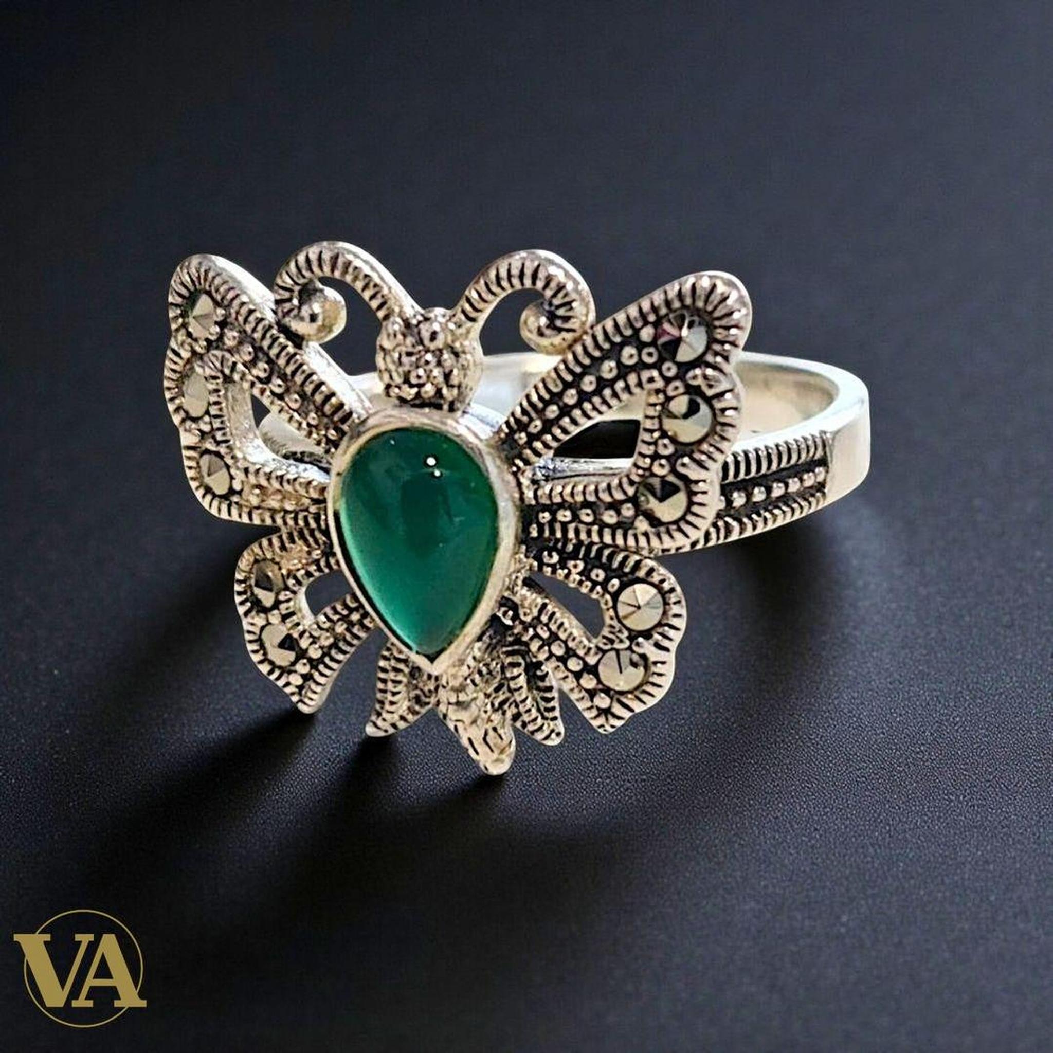 Bague femme argent 925 papillon – Agate verte et marcassites – Élégance vintage | Bijoux Vindicta