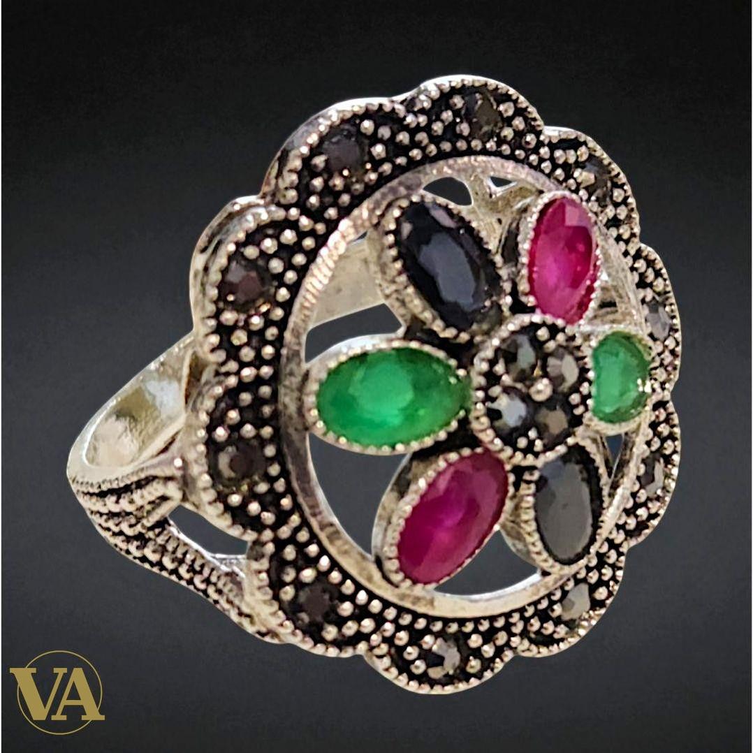 Bague Femme Argent 925 Marcassite & Pierres colorées