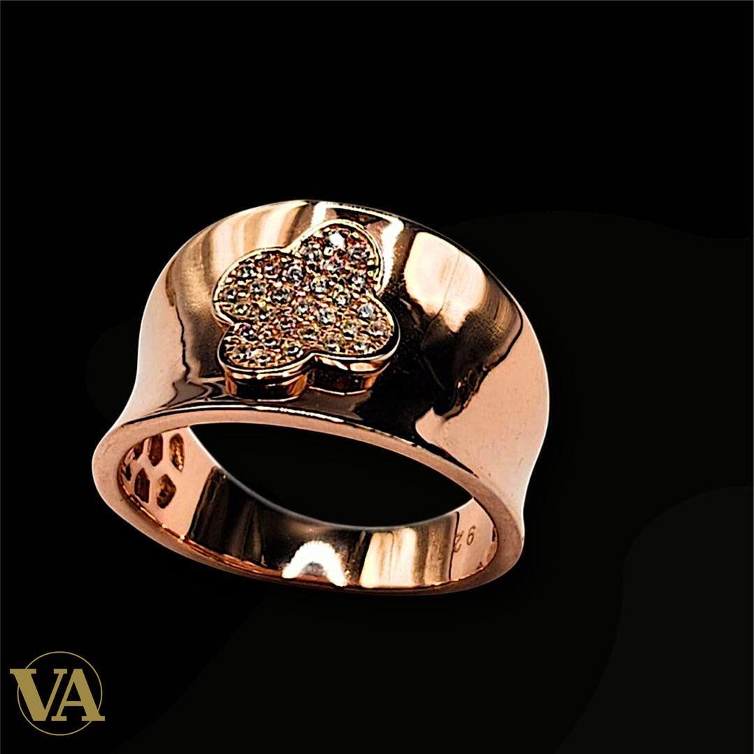 Bague argent 925 rosée – large anneau, trèfle pavé