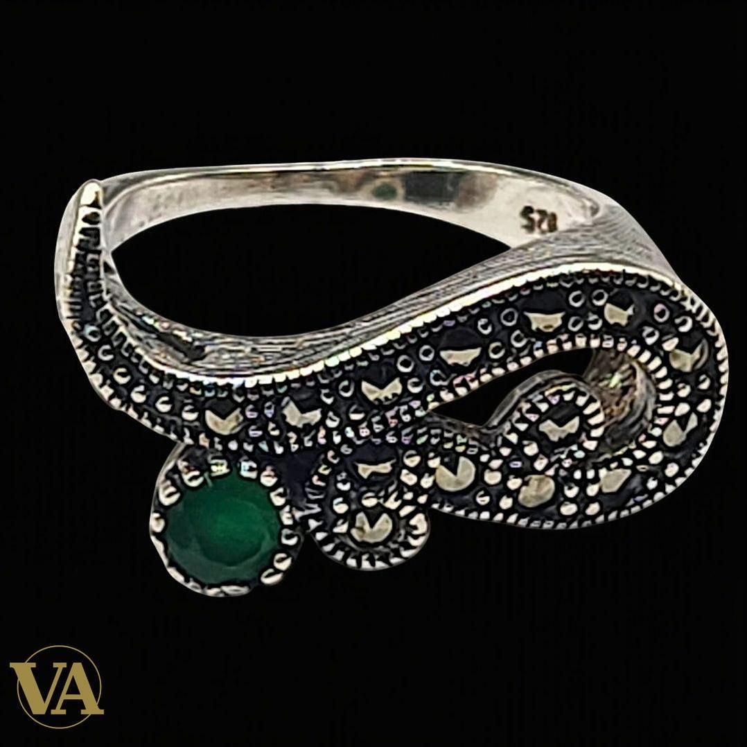 Bague Femme Argent 925 – Émeraude synthétique & Marcassites