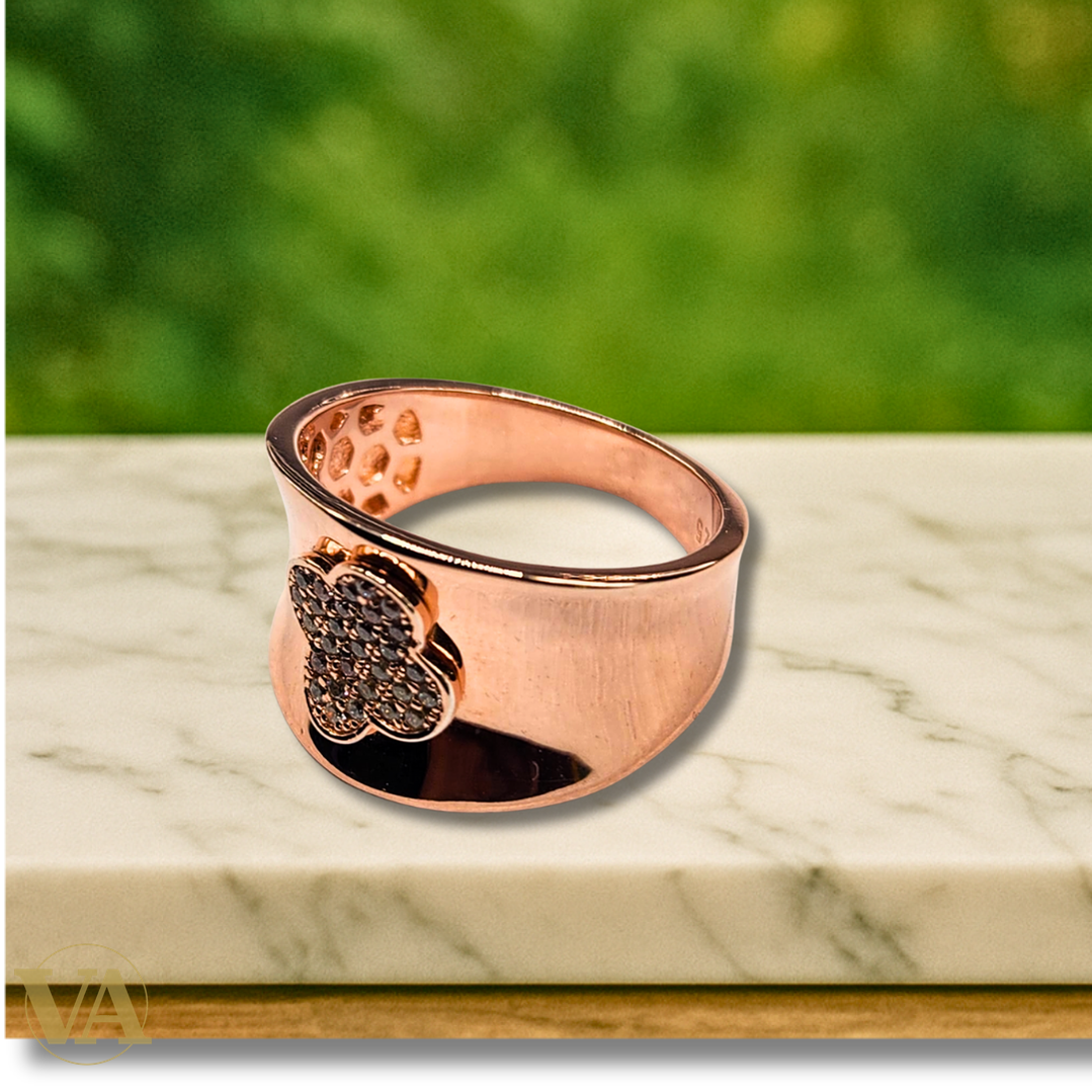 Bague argent 925 rosée – large anneau, trèfle pavé