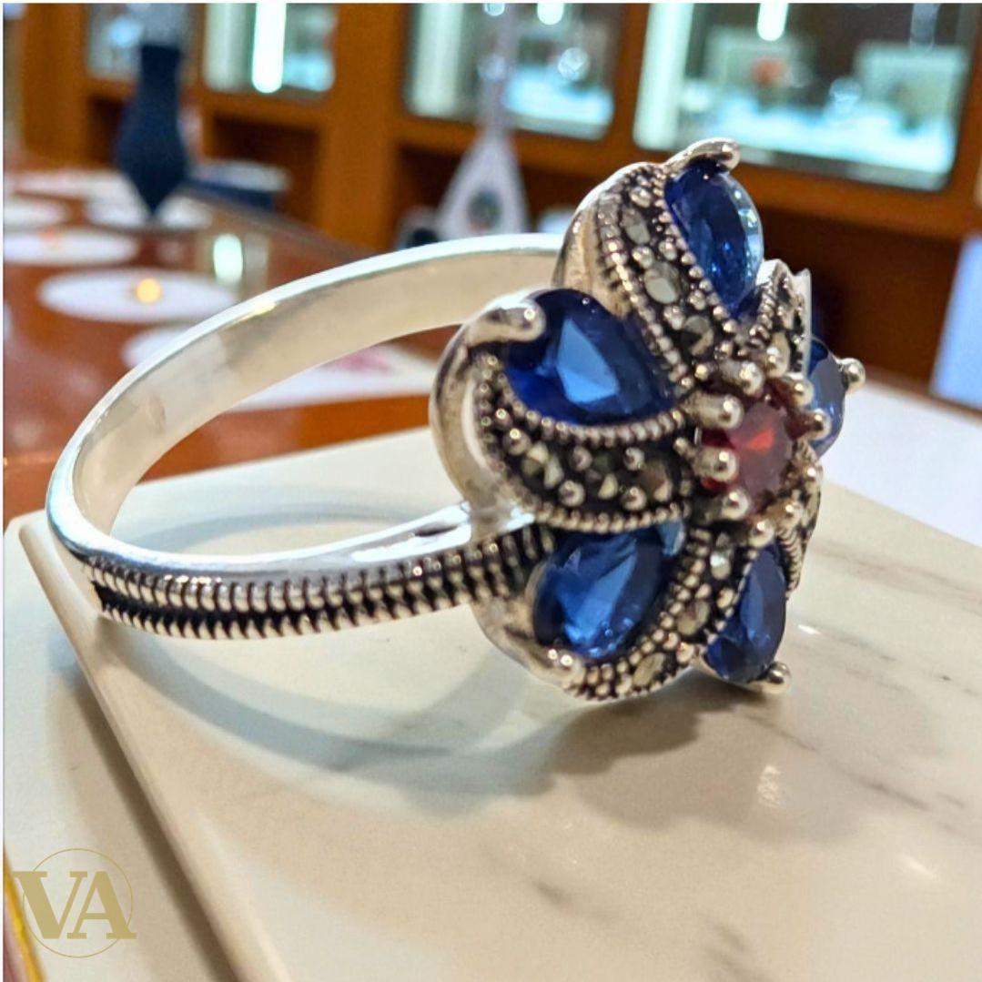 Bague Argent 925 Fleur Bleue & Marcassites