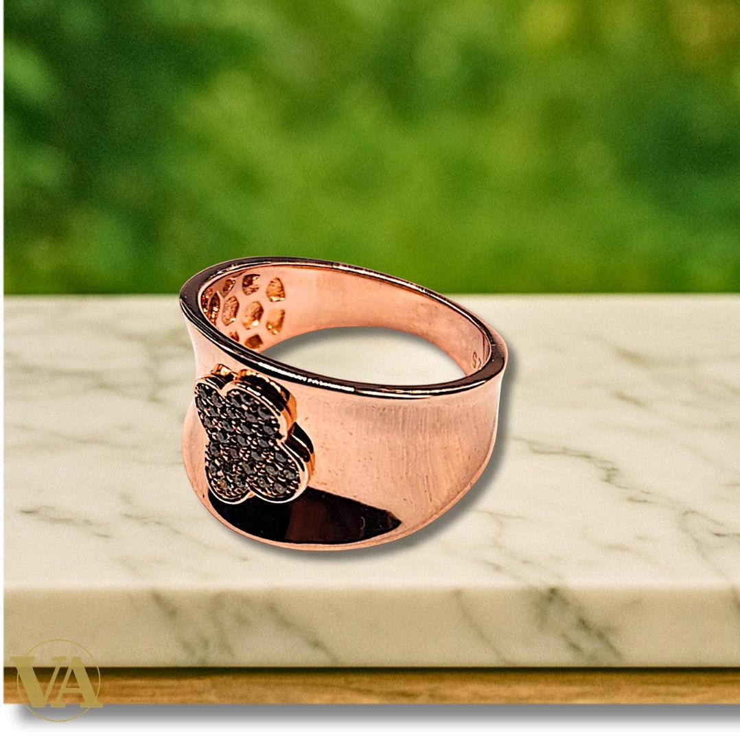 Bague argent 925 rosée – large anneau, trèfle pavé