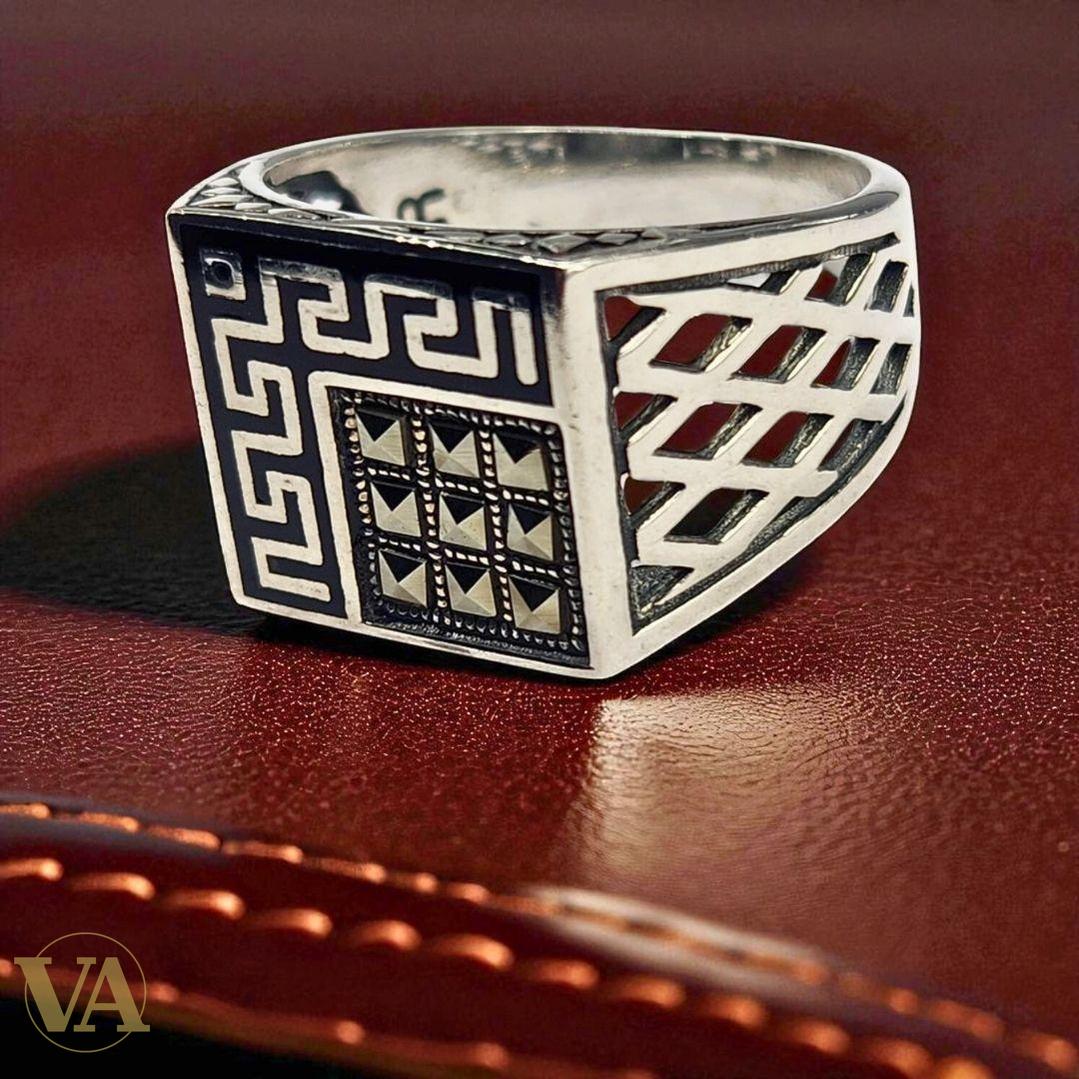 Bague homme argent 925 motif grec géométrique