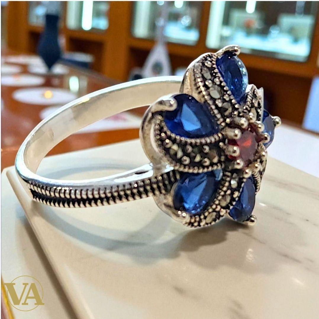 Bague Argent 925 Fleur Bleue & Marcassites