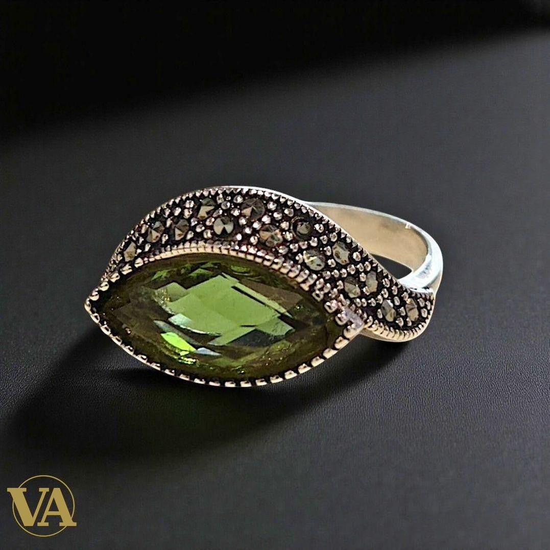 Bague femme argent 925 marcassites – Sultanite taille marquise | Bijoux Vindicta