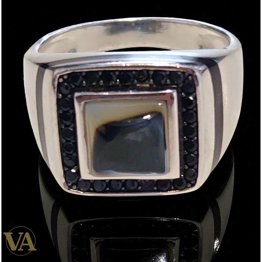 Bague homme argent 925 agate grise & pierres noires