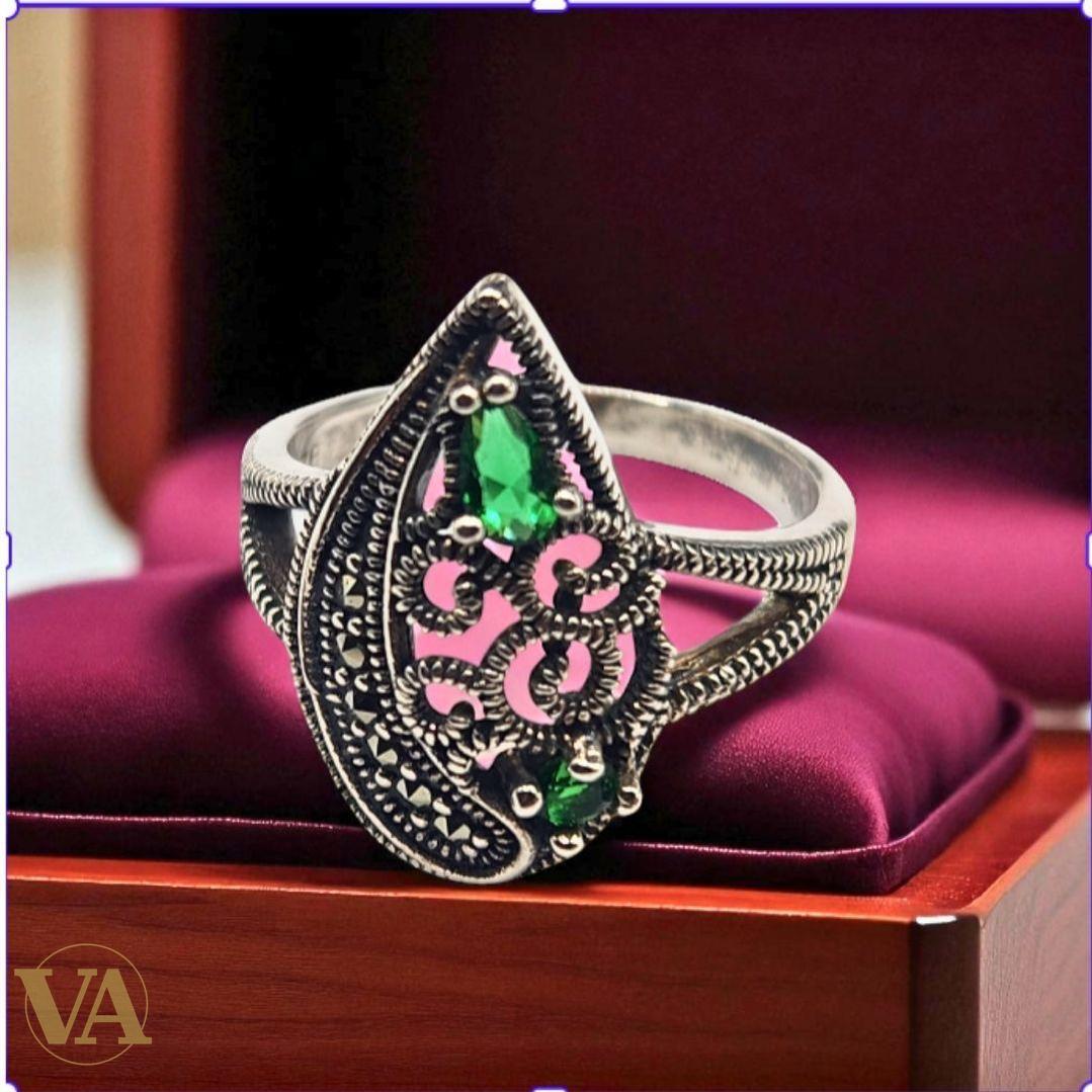 Bague argent 925 zirconium vert  éclatant et marcassite