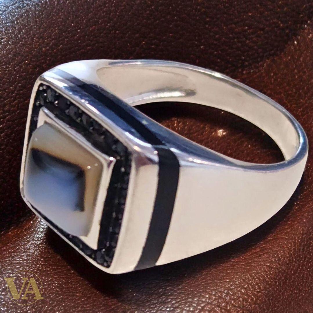 Bague homme argent 925 agate grise & pierres noires