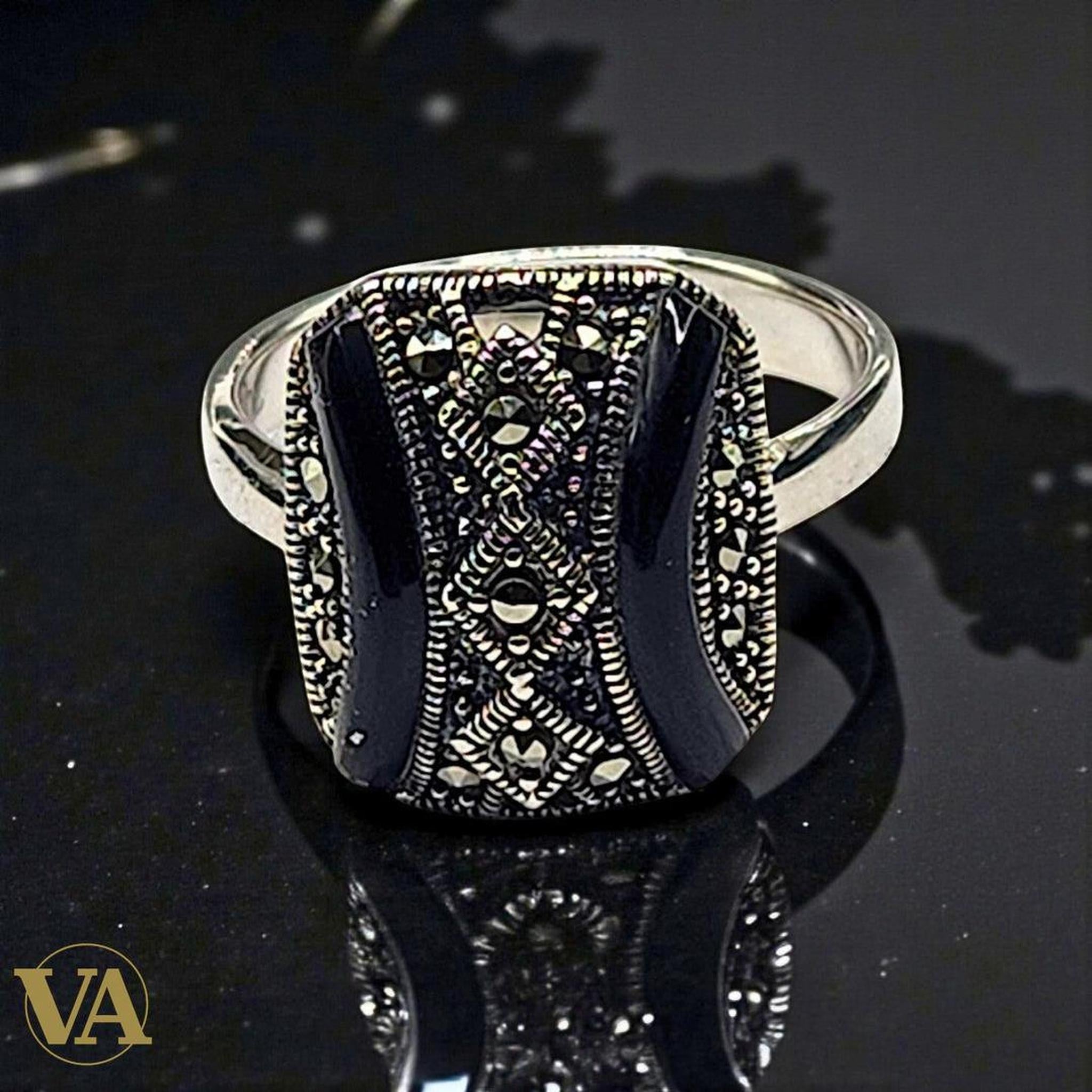 Bague femme argent 925 onyx noir et marcassites - Argent 925 - Vindicta