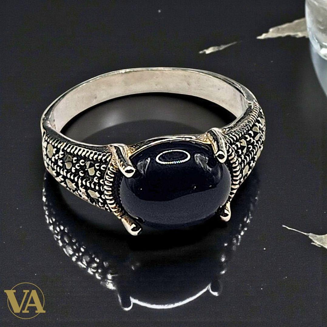 Bague femme Cabochon Noir Argent 925 & Marcassites
