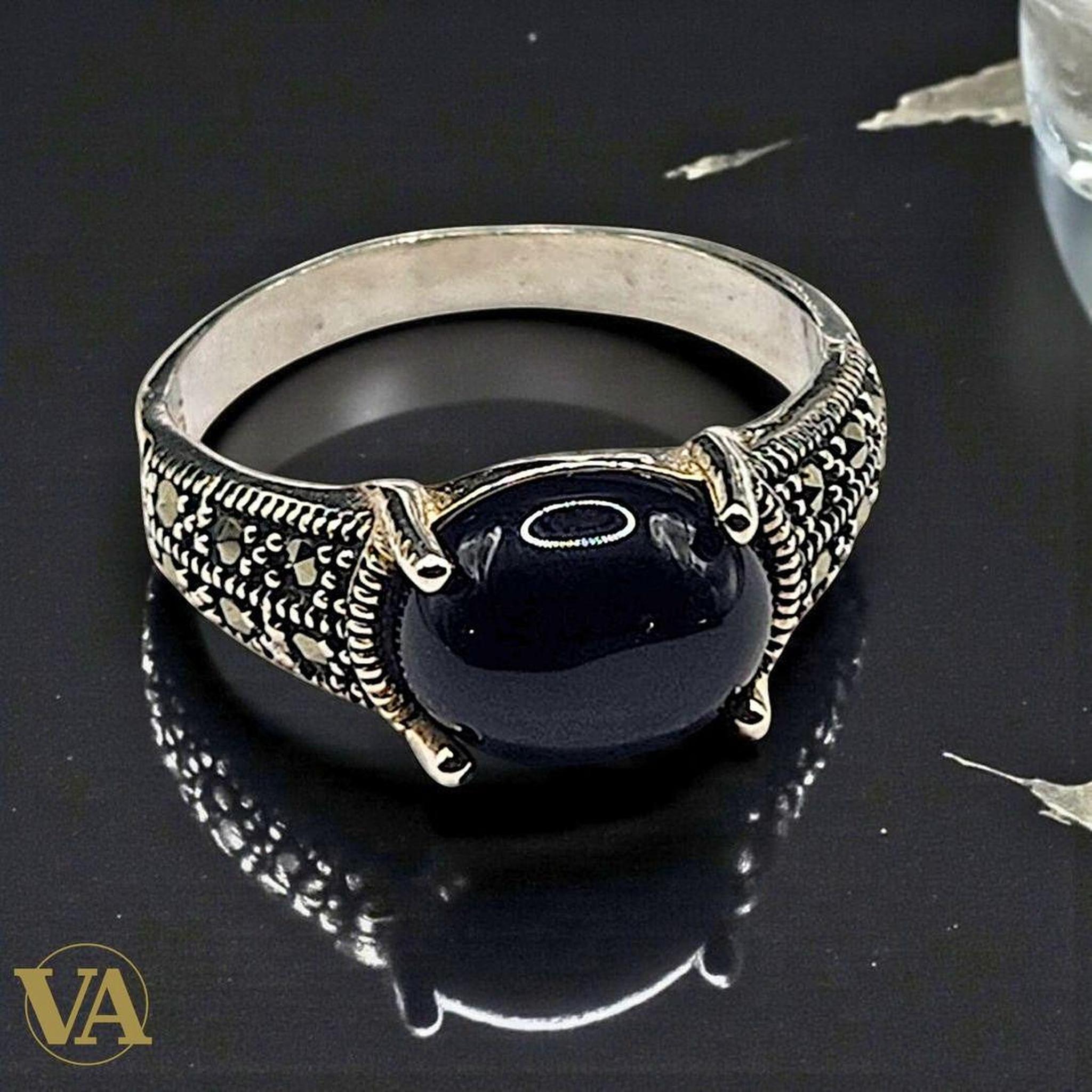 Bague femme Cabochon Noir Argent 925 & Marcassites - Argent 925 - Vindicta