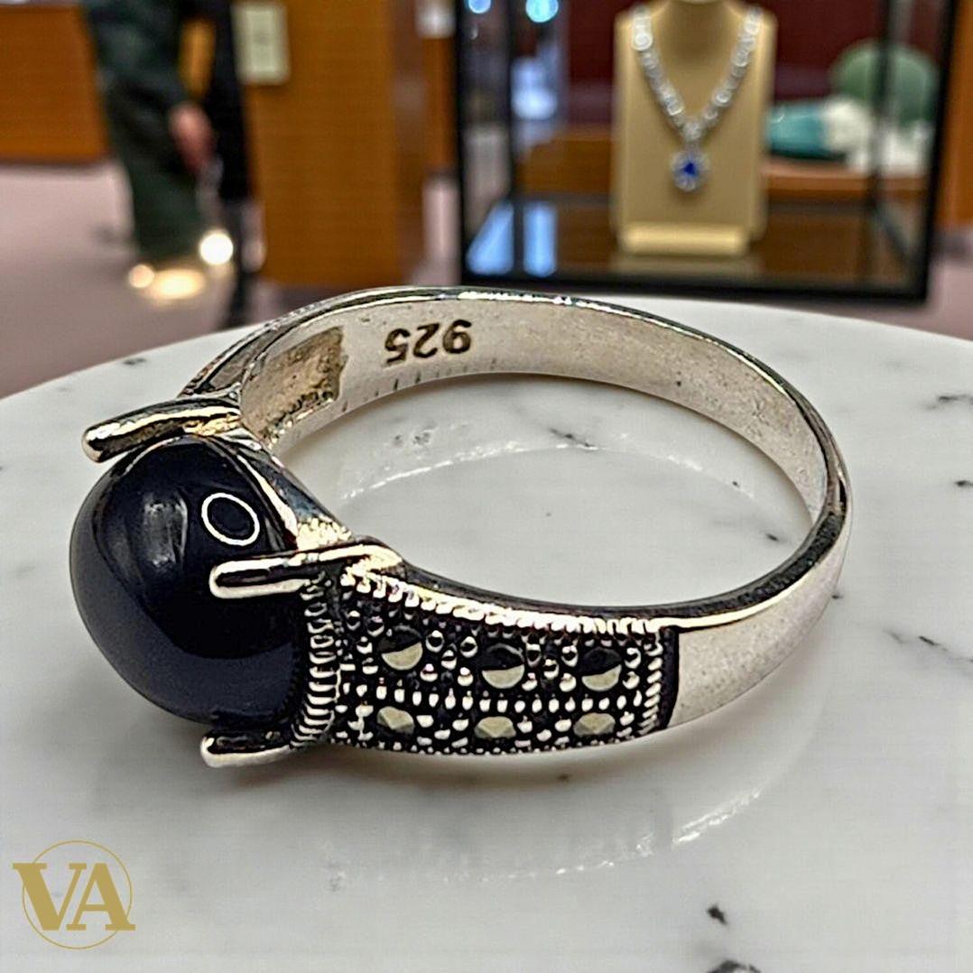 Bague femme Cabochon Noir Argent 925 & Marcassites | Bijoux Vindicta