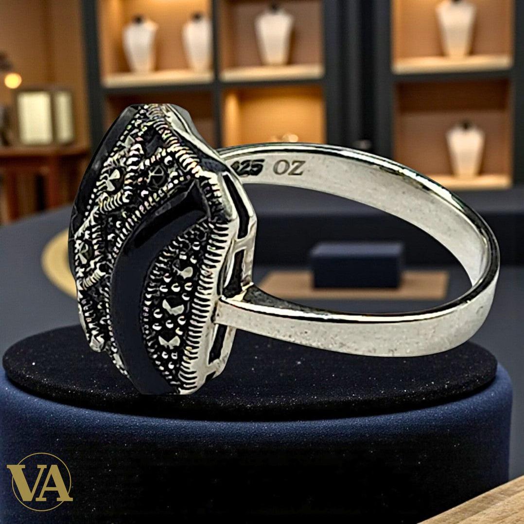Bague femme argent 925 onyx noir et marcassites | Bijoux Vindicta