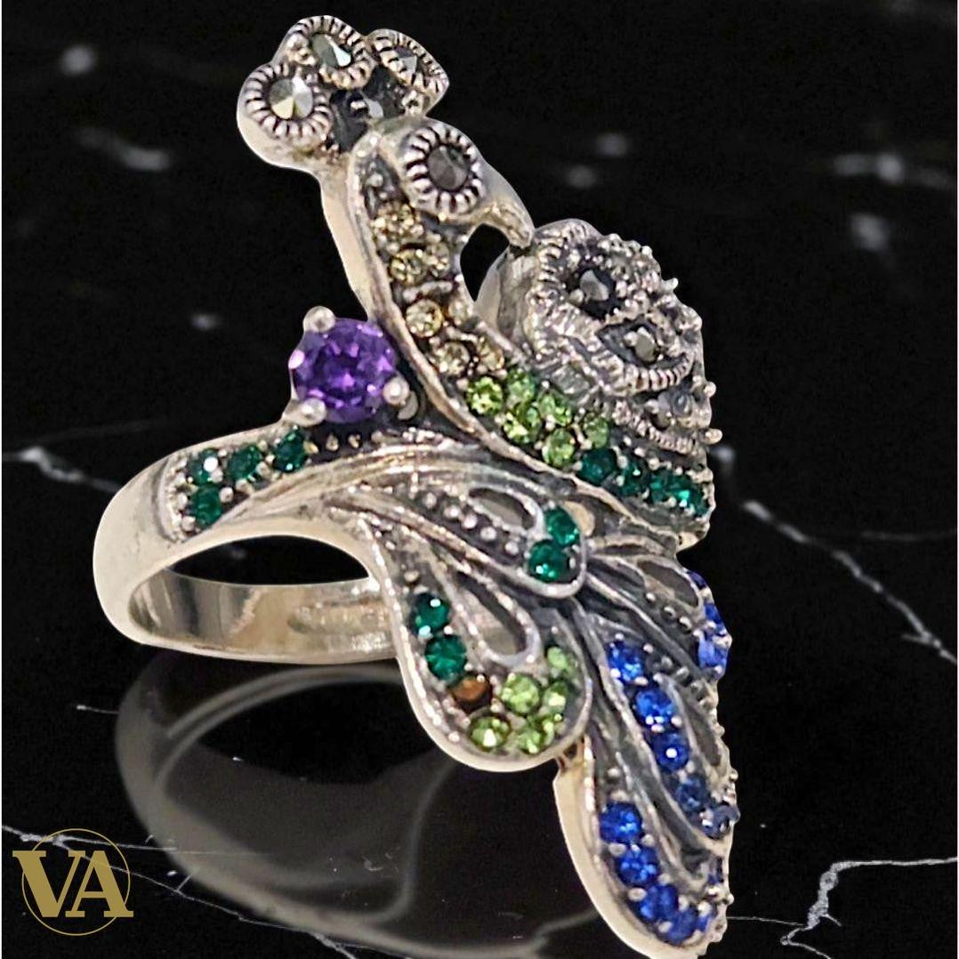 Bague Argent 925 Paon Marcassites & Pierres