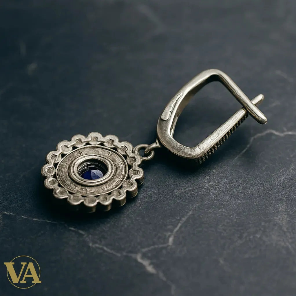 Boucles d’oreilles Femme en argent 925 avec marcasite & pierre bleue | Bijoux Vindicta