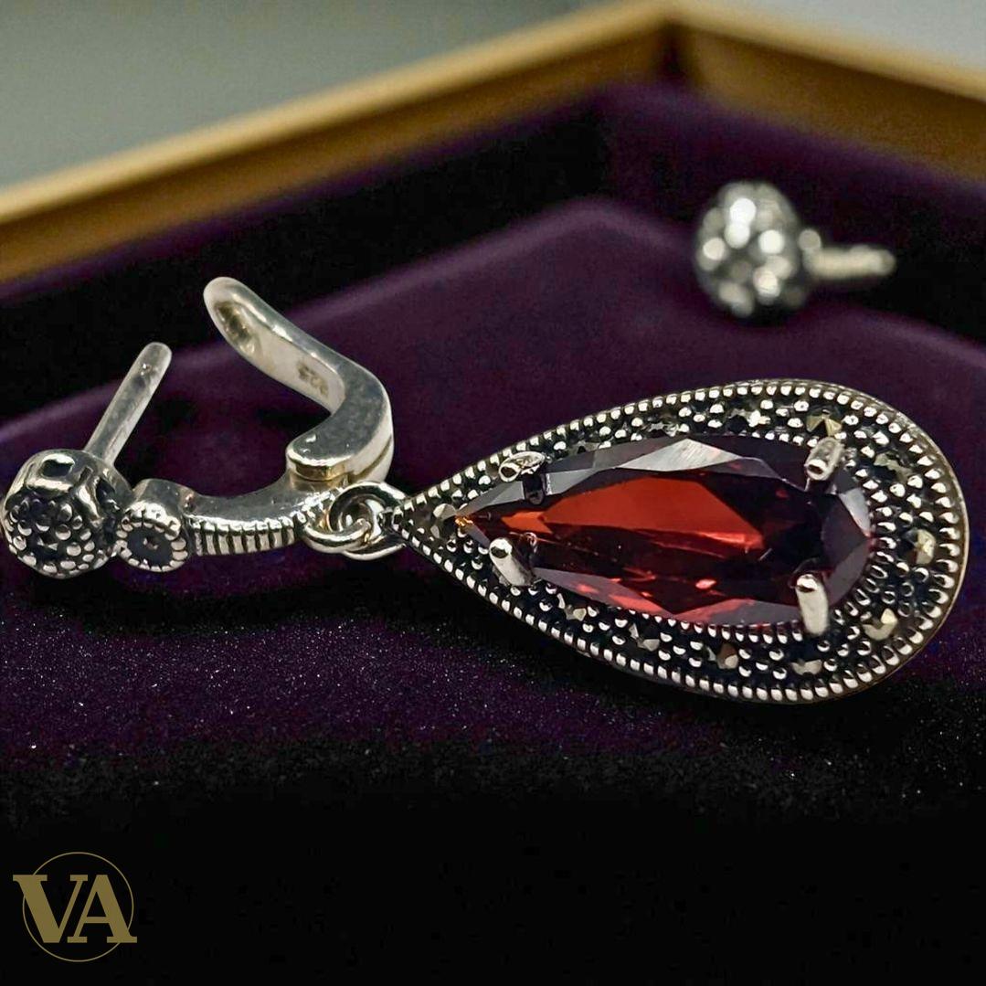 Boucles d’oreilles pendantes goutte Grenat en Argent 925 style vintage