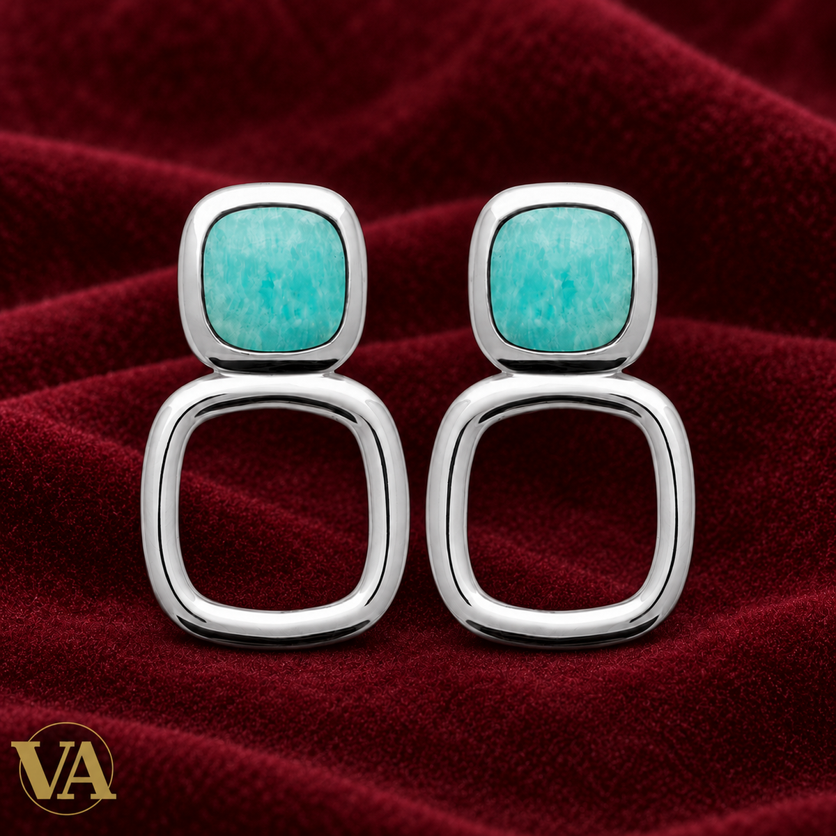 Boucles d’oreilles Femme Argent 925 Rhodié Amazonite – Double carré — paire sur feutre bordeaux