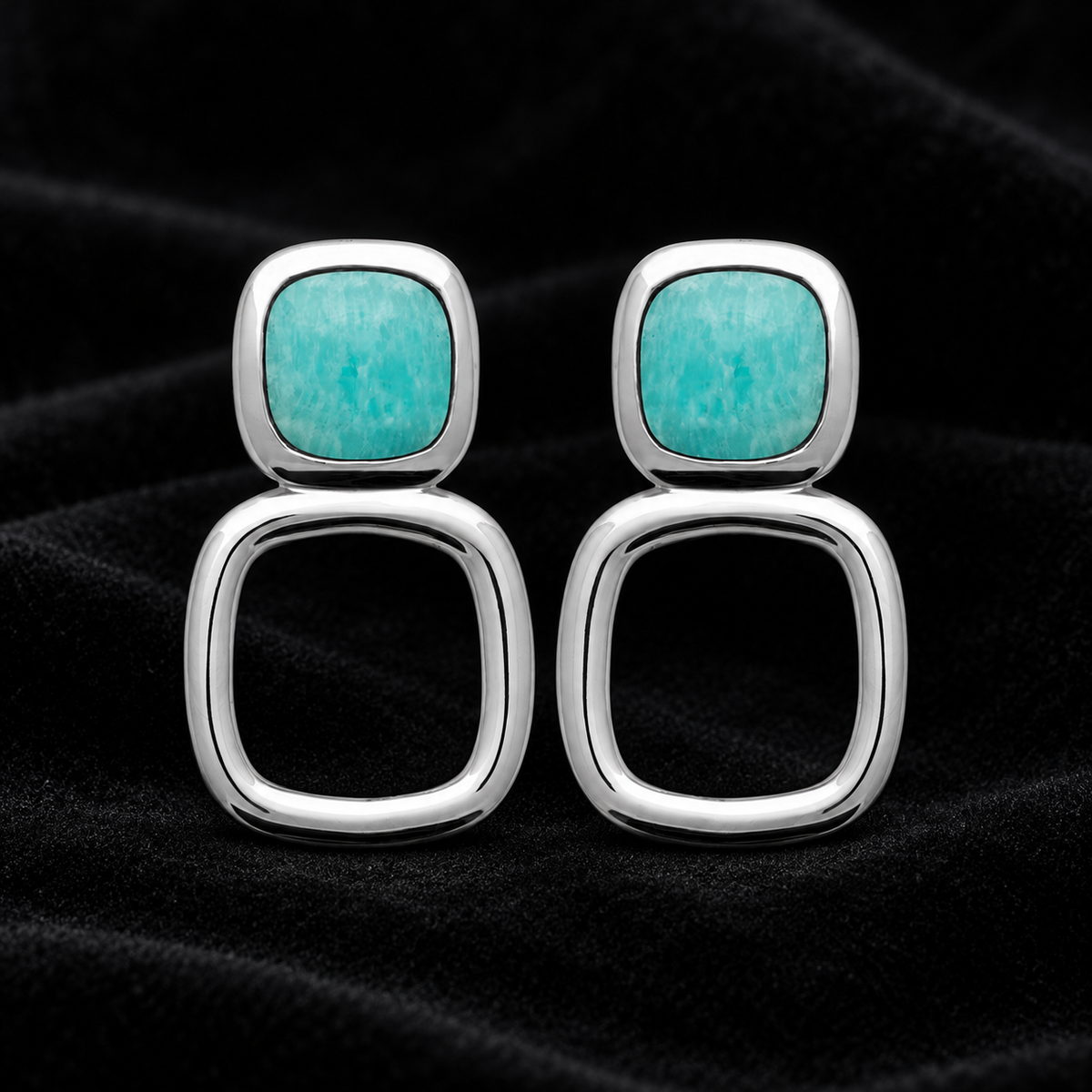 Boucles d’oreilles Femme Argent 925 Rhodié Amazonite – Double carré - Argent 925 - Vindicta