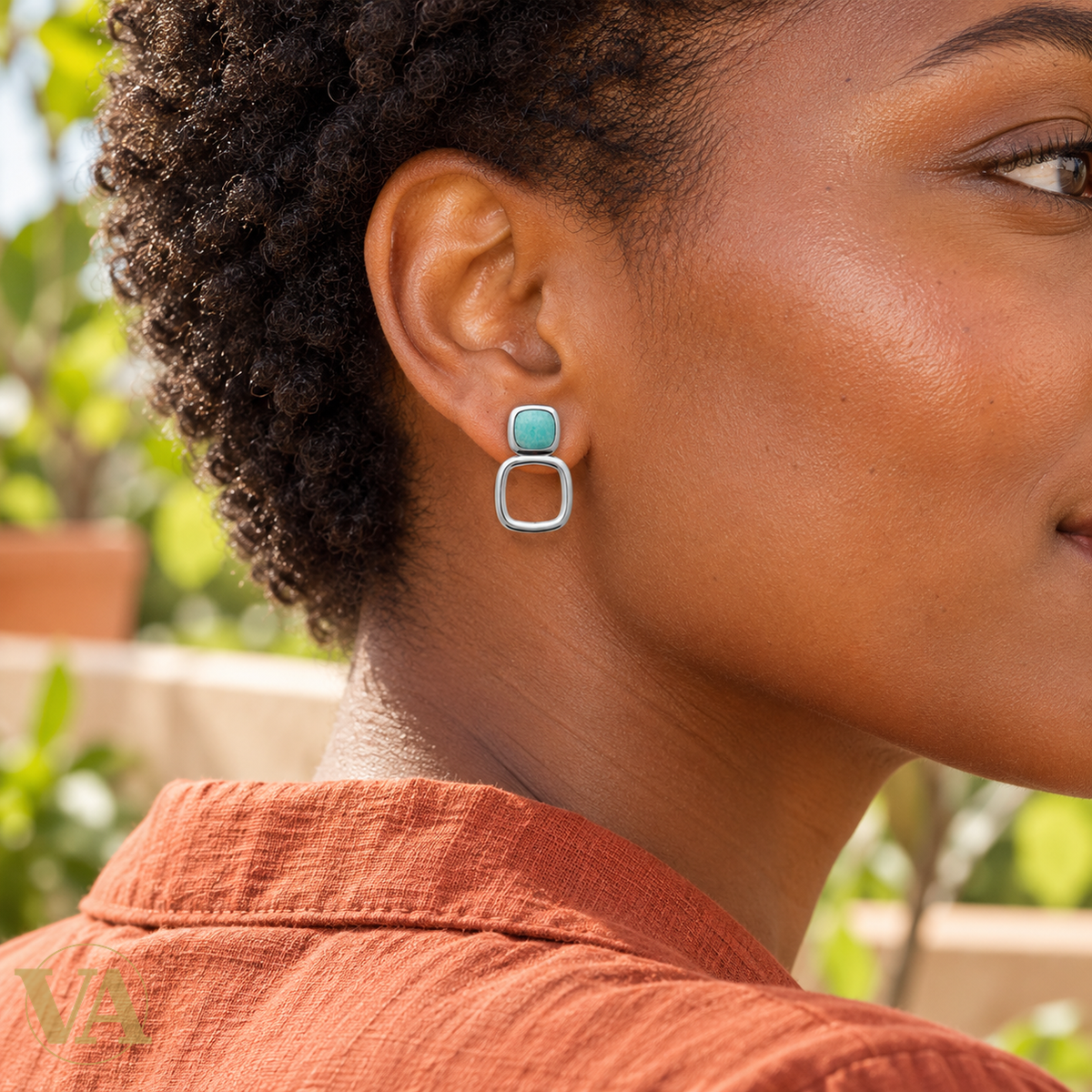 Boucles d’oreilles Femme Argent 925 Rhodié Amazonite – Double carré — gros plan porté
