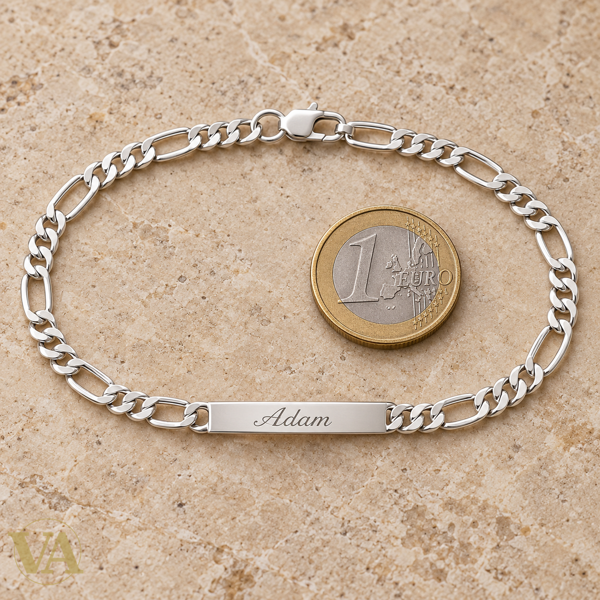 Bracelet argent 925 à graver 563006 — vue complète avec pièce de 1 euro ; prénom d’exemple