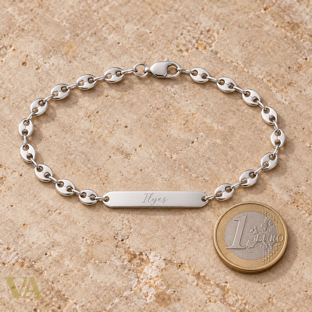 Bracelet argent 925 à graver 711006 — vue complète avec pièce de 1 euro ; prénom d’exemple