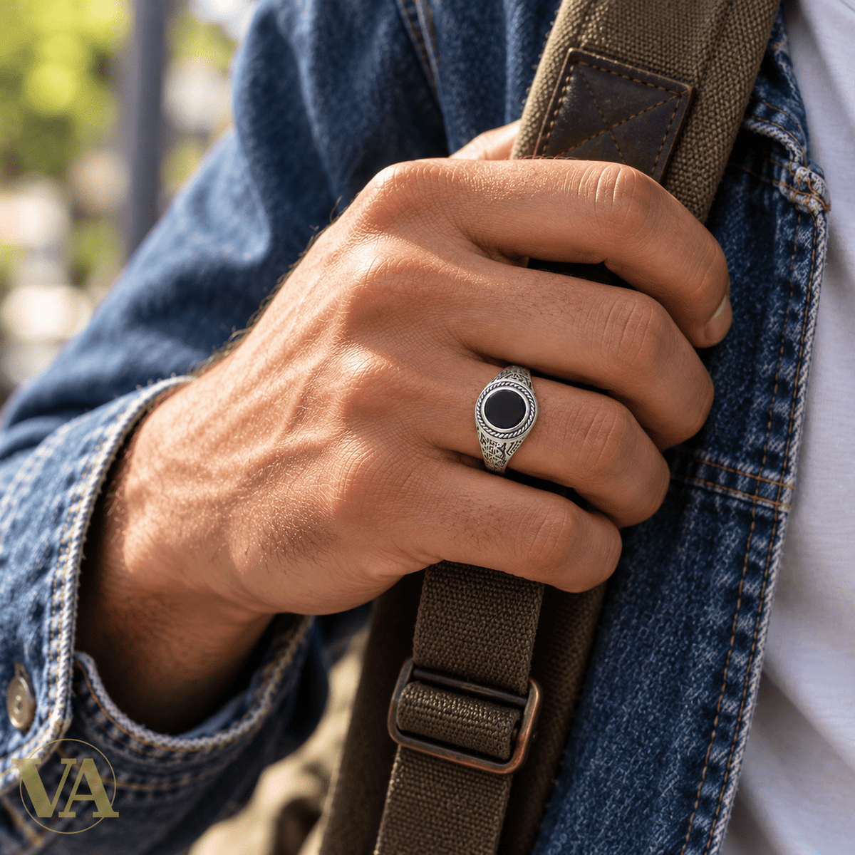 Chevalière Homme Argent 925 – Agate Noire et Motifs Géométriques - Argent 925 - Vindicta