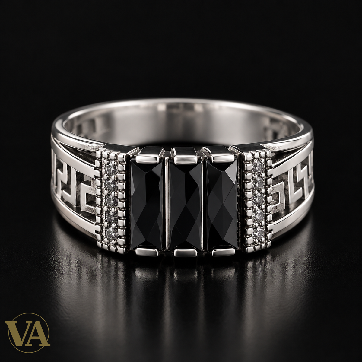 Chevalière homme argent 925 triple onyx noir motifs grecs ajourés ciselés