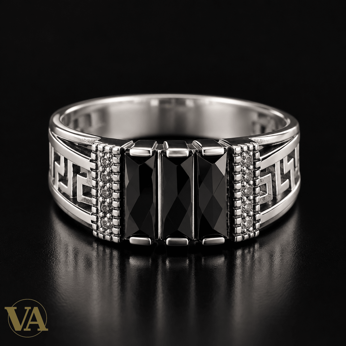 Chevalière Homme Argent 925 – Triple Onyx Noir & Motifs Grecs - Argent 925 - Vindicta