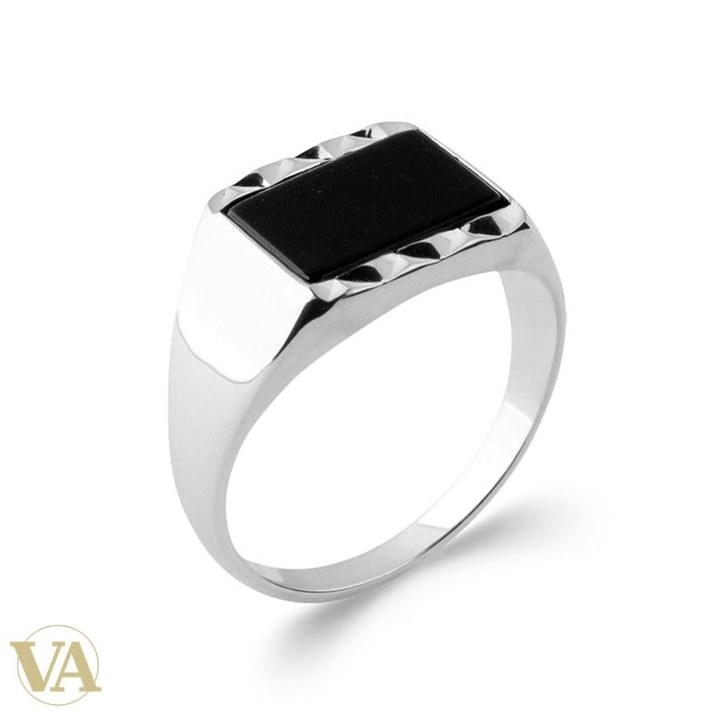 Chevalière Homme Argent 925 – Rectangle Noir et Frises Triangulaires — détail du modèle